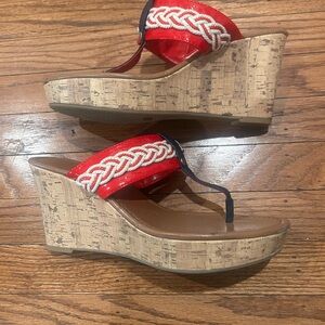 Tommy Hilfiger Red Braided Thong Wedge Sandals